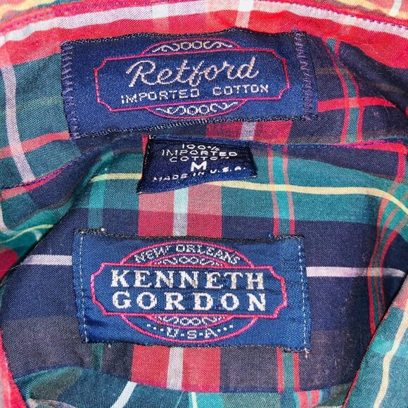 Vintage Kenneth Gordon Mens M Shirt Green Red Blue Plaid Long Sleeve Button Up - Picture 7 of 8